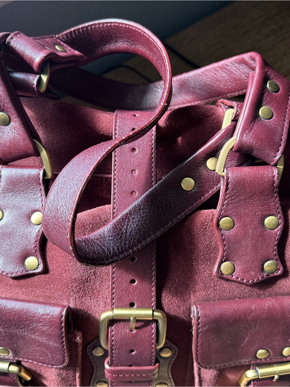 Burgundy Suede & Leather Satchel Tote with Gold Hardware - Picture 9 of 16